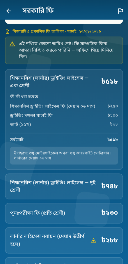 অ্যাপের সরকারি ফি স্ক্রিন — একটি ফি ভেঙে দেখানো হয়েছে, ভ্যাটসহ