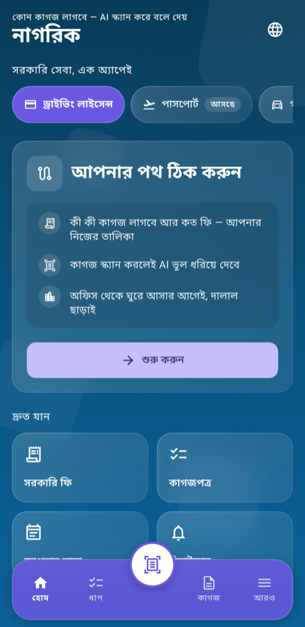 অ্যাপের হোম স্ক্রিন — সেবার তালিকা ও অ্যাপ কী করে